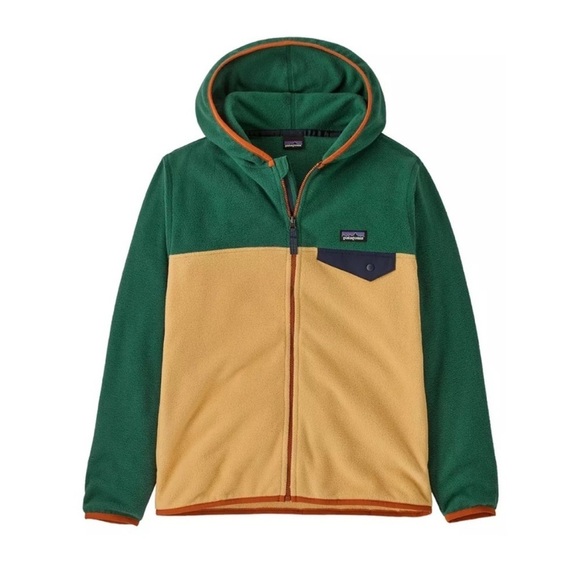 Patagonia Kids' Large Micro D Snap-T Fleece Jacket Green Tan Hood NWT - Picture 4 of 8